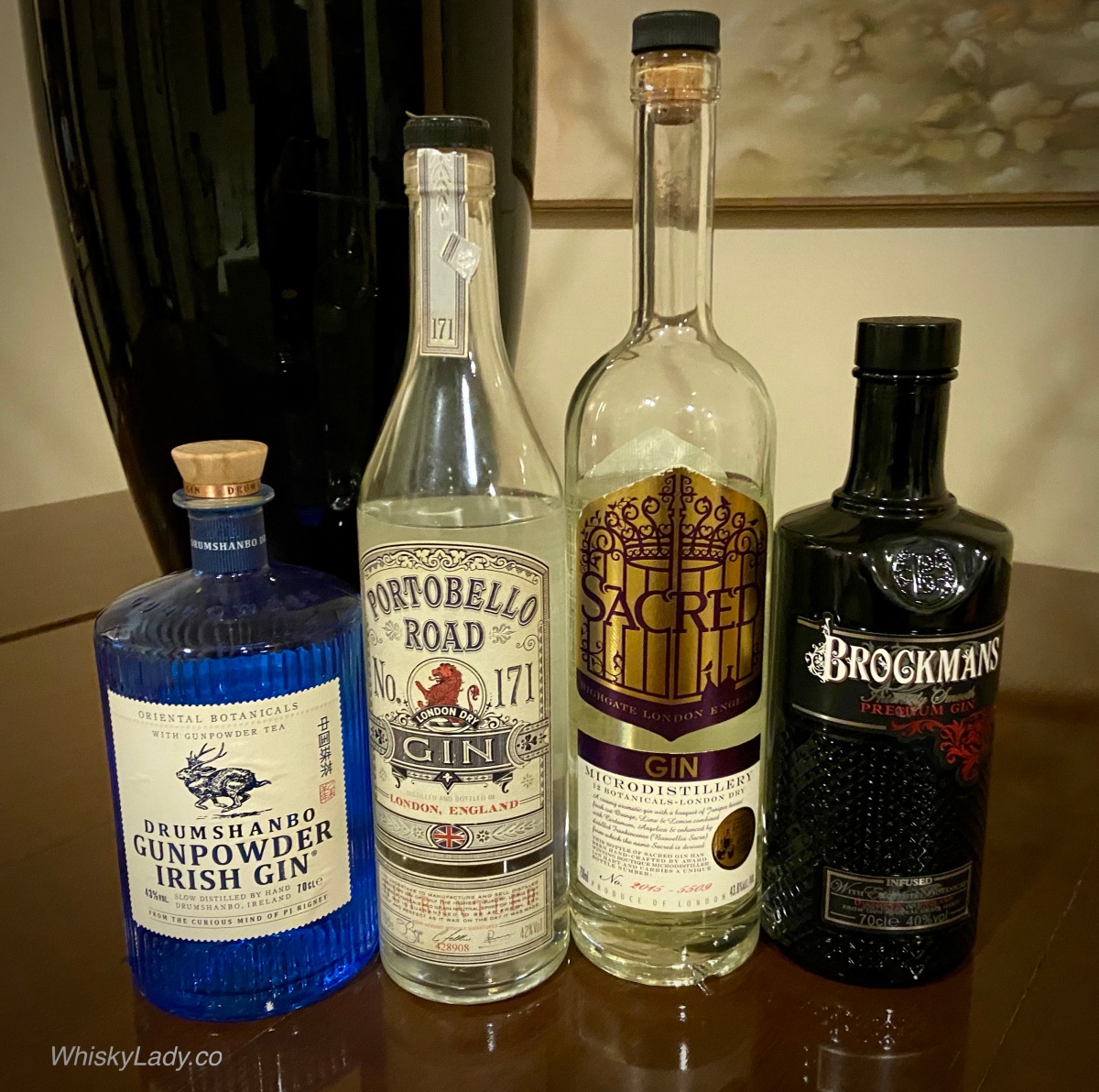 Gin gin gin! Portobello 40%, Whisky 43%, Brockmans Road 42%, Gunpowder | Lady Sacred 43% Irish